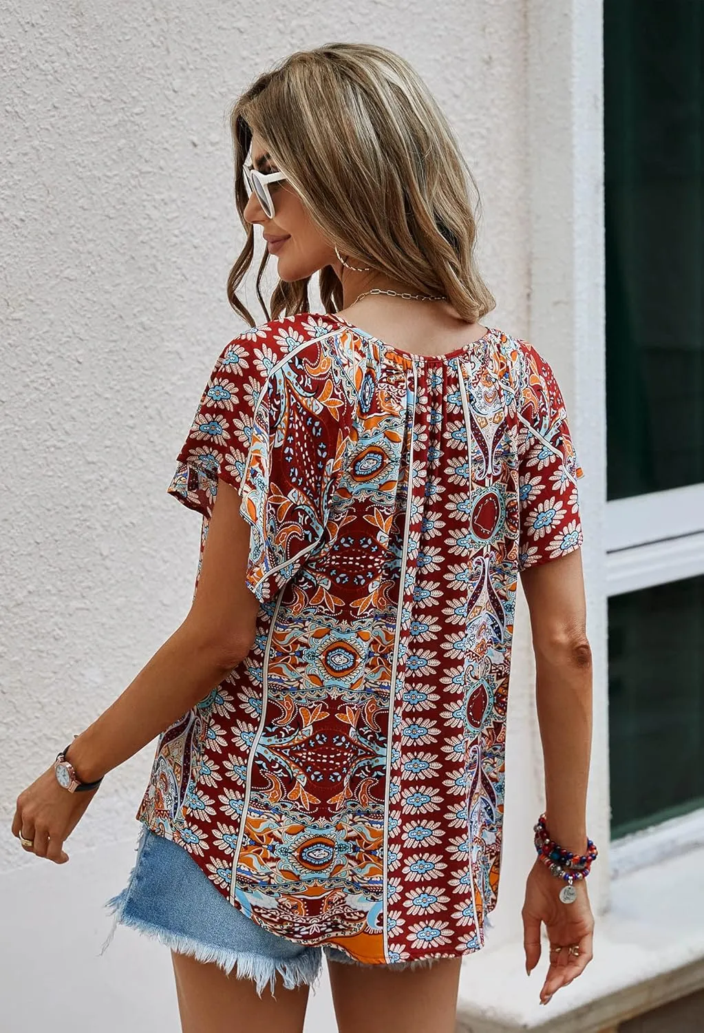 Angashion Women's Summer Tops Casual Floral Print V Neck Ruffle Short Sleeve Loose Tunic T Shirt Blouse