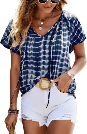 Angashion Women's Summer Tops Casual Floral Print V Neck Ruffle Short Sleeve Loose Tunic T Shirt Blouse