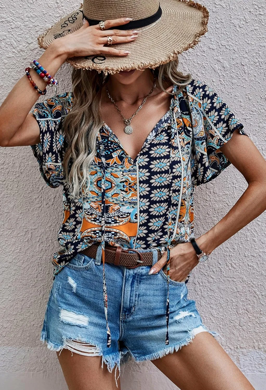 Angashion Women's Summer Tops Casual Floral Print V Neck Ruffle Short Sleeve Loose Tunic T Shirt Blouse