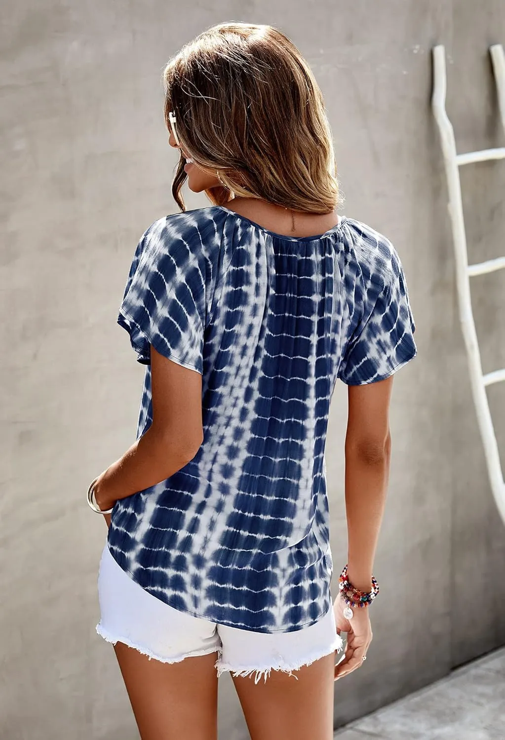 Angashion Women's Summer Tops Casual Floral Print V Neck Ruffle Short Sleeve Loose Tunic T Shirt Blouse