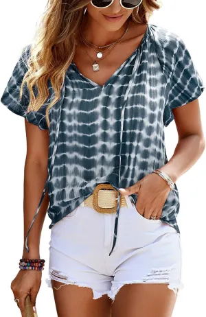 Angashion Women's Summer Tops Casual Floral Print V Neck Ruffle Short Sleeve Loose Tunic T Shirt Blouse