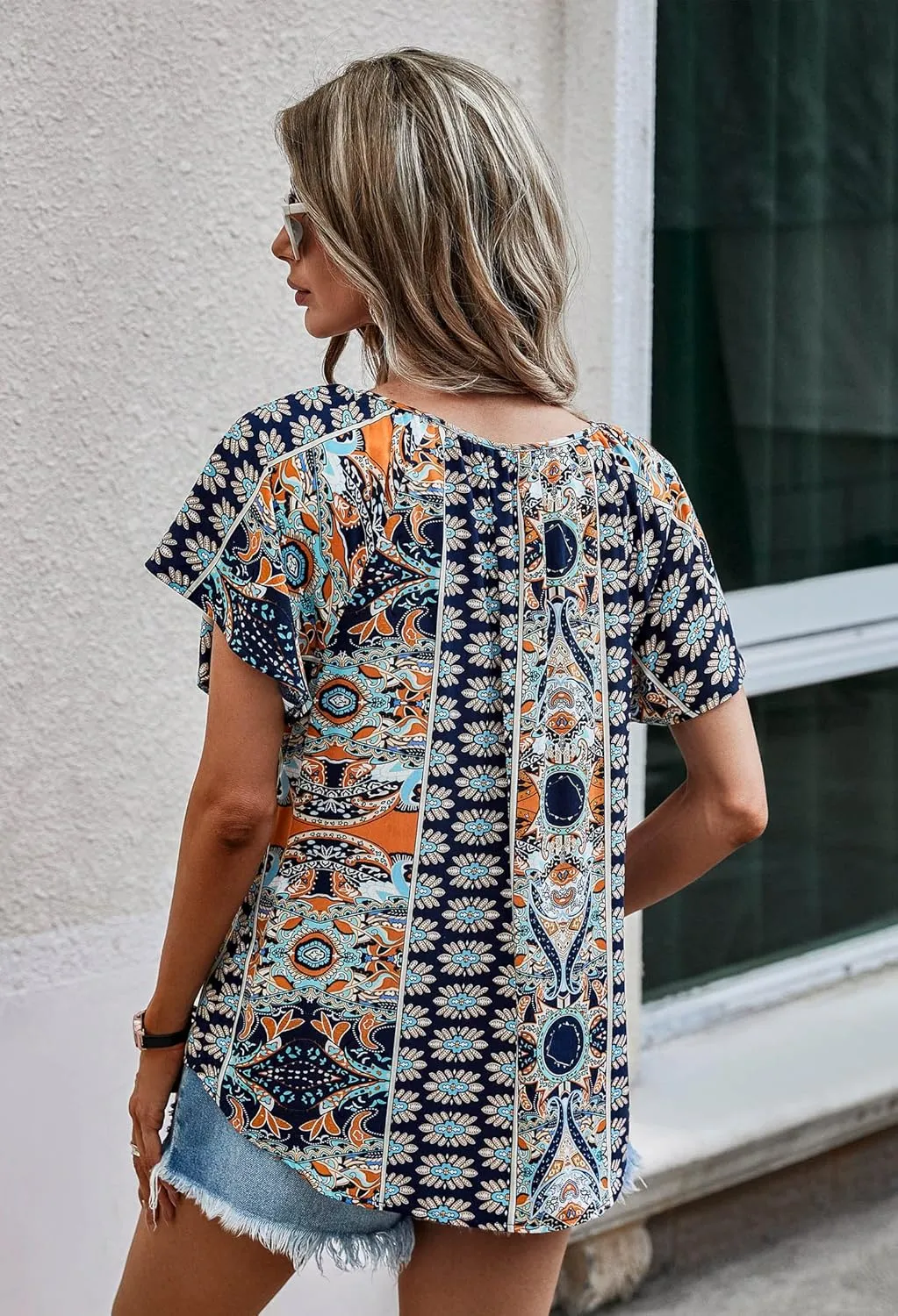 Angashion Women's Summer Tops Casual Floral Print V Neck Ruffle Short Sleeve Loose Tunic T Shirt Blouse