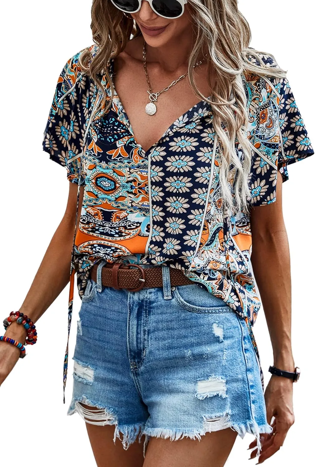 Angashion Women's Summer Tops Casual Floral Print V Neck Ruffle Short Sleeve Loose Tunic T Shirt Blouse
