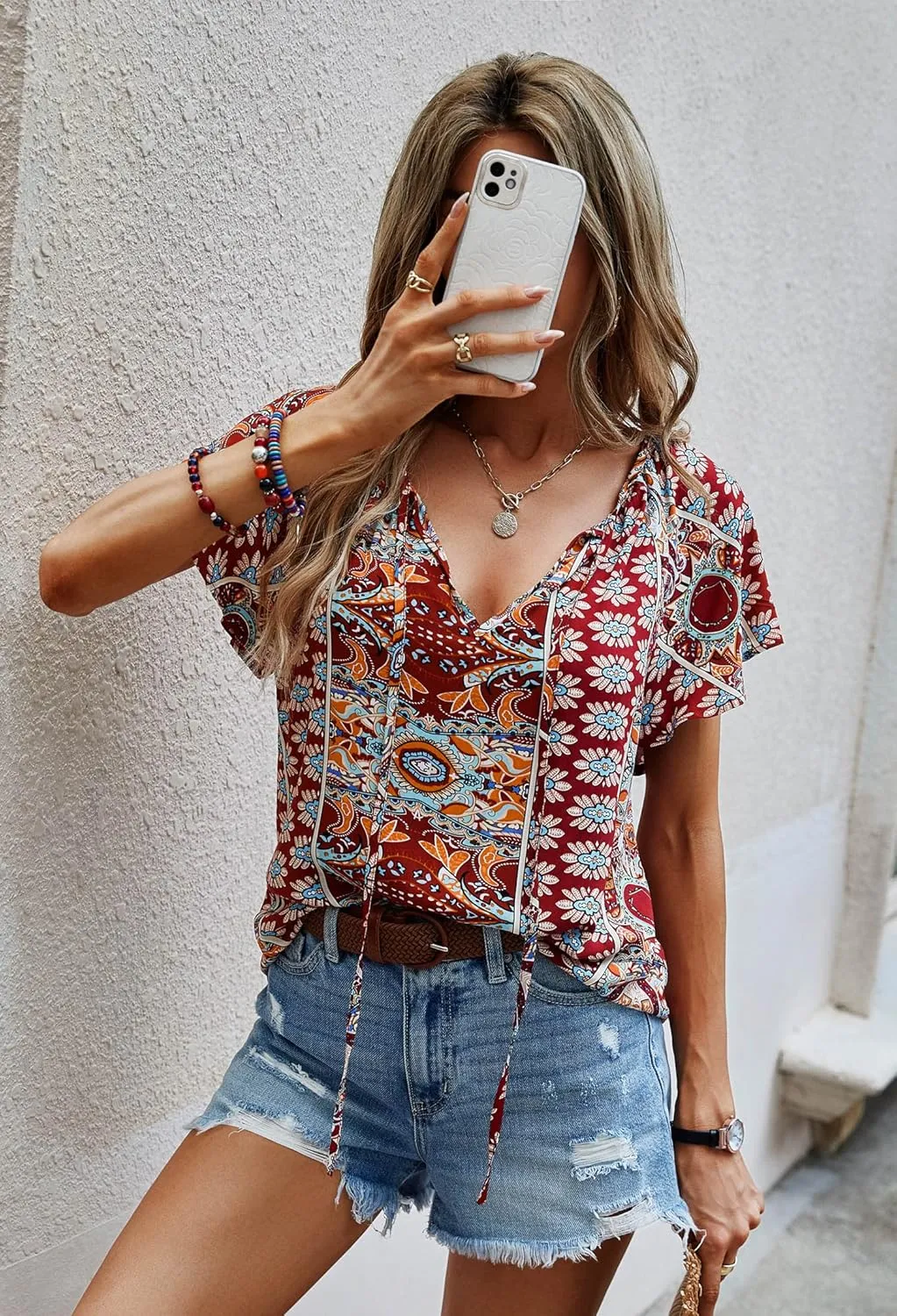 Angashion Women's Summer Tops Casual Floral Print V Neck Ruffle Short Sleeve Loose Tunic T Shirt Blouse