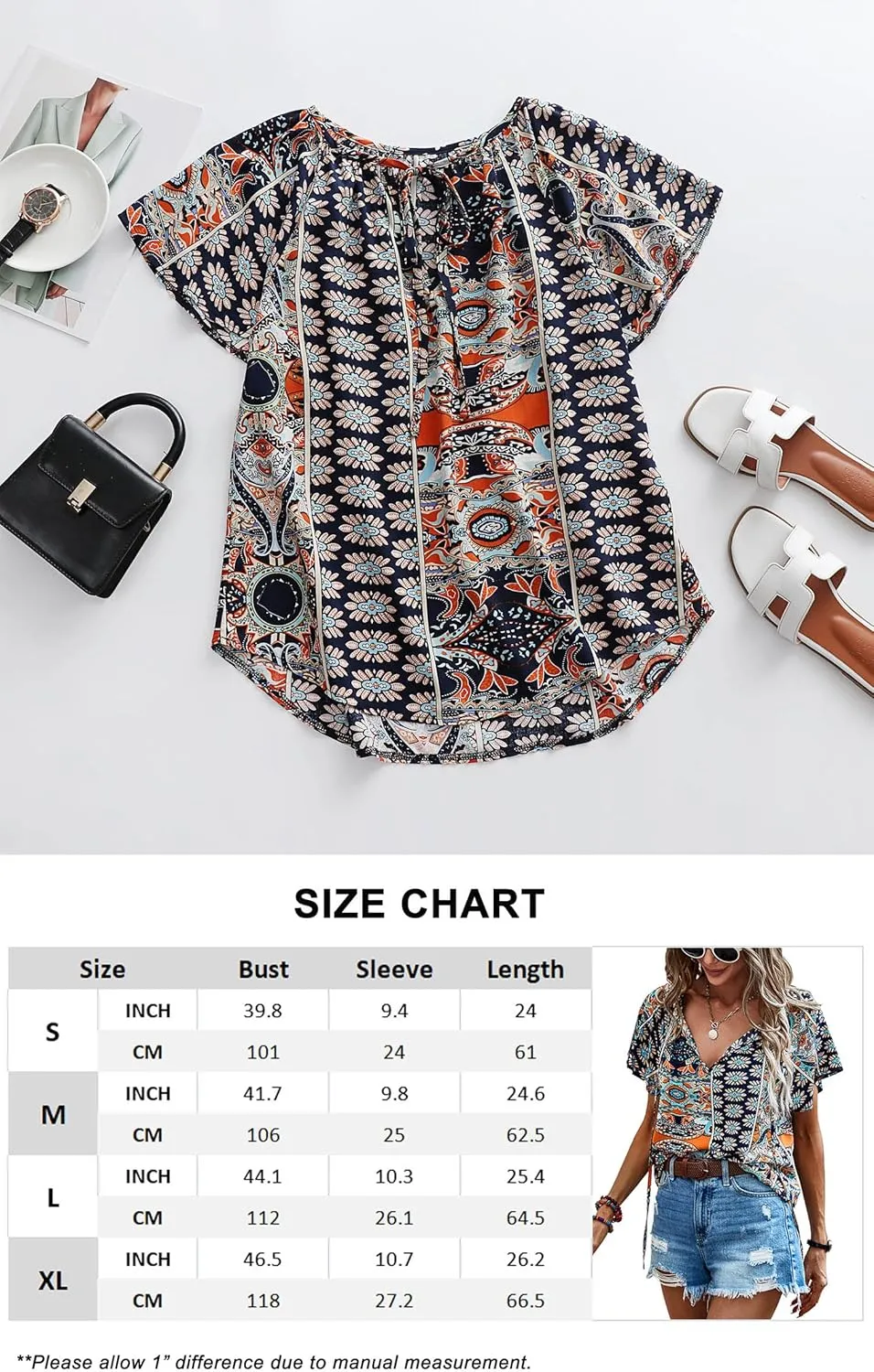 Angashion Women's Summer Tops Casual Floral Print V Neck Ruffle Short Sleeve Loose Tunic T Shirt Blouse