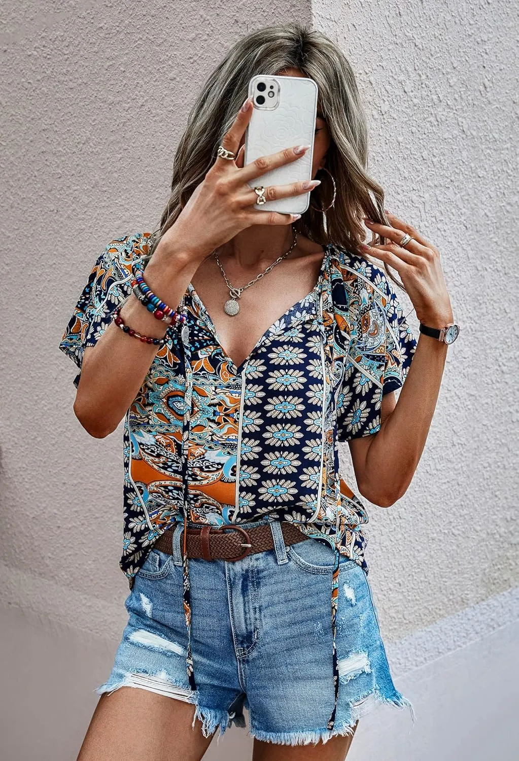 Angashion Women's Summer Tops Casual Floral Print V Neck Ruffle Short Sleeve Loose Tunic T Shirt Blouse
