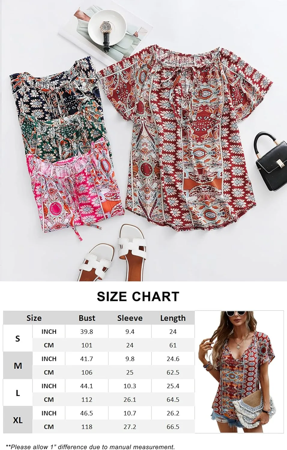 Angashion Women's Summer Tops Casual Floral Print V Neck Ruffle Short Sleeve Loose Tunic T Shirt Blouse