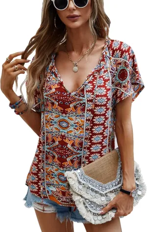Angashion Women's Summer Tops Casual Floral Print V Neck Ruffle Short Sleeve Loose Tunic T Shirt Blouse