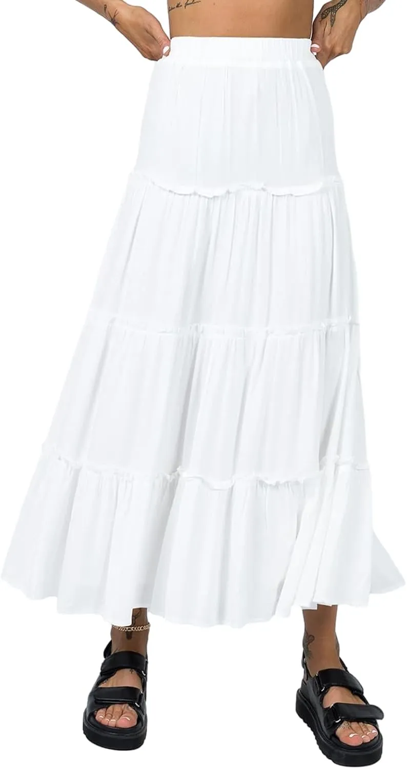 Aopwsrlyi Women's Summer Elastic Waist Boho Maxi Skirt Casual A Line Long Flowy Skirts Ruffle Frill Tiered Long Beach Skirts