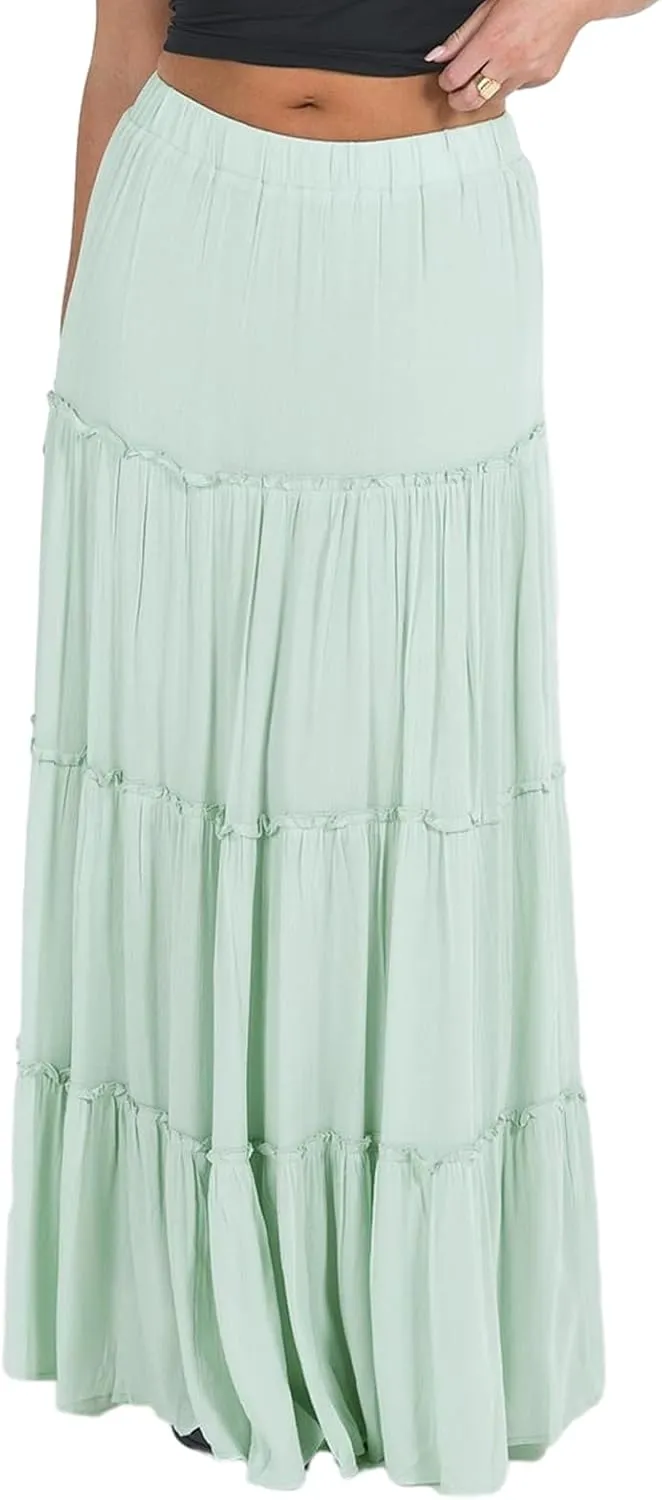 Aopwsrlyi Women's Summer Elastic Waist Boho Maxi Skirt Casual A Line Long Flowy Skirts Ruffle Frill Tiered Long Beach Skirts