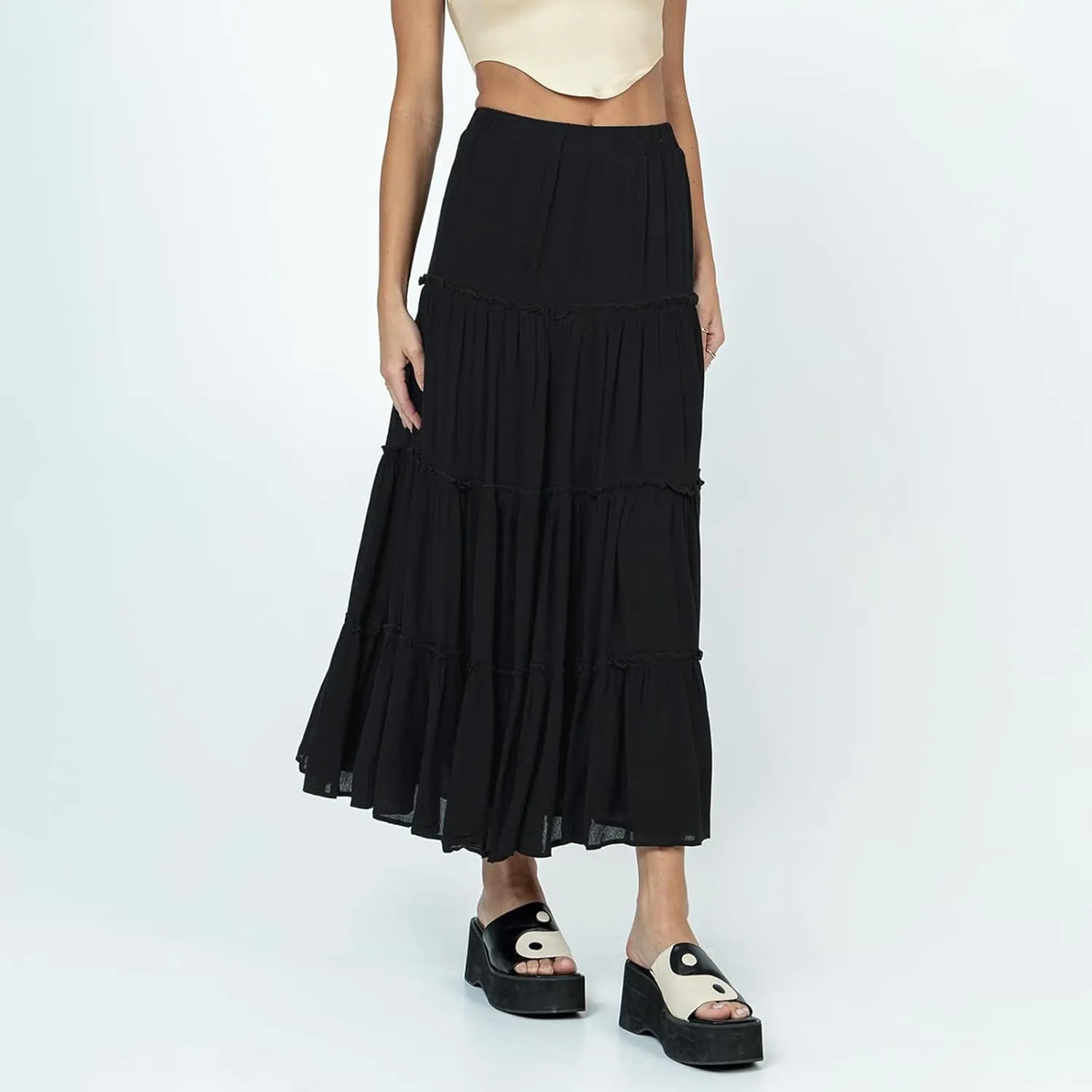 Aopwsrlyi Women's Summer Elastic Waist Boho Maxi Skirt Casual A Line Long Flowy Skirts Ruffle Frill Tiered Long Beach Skirts