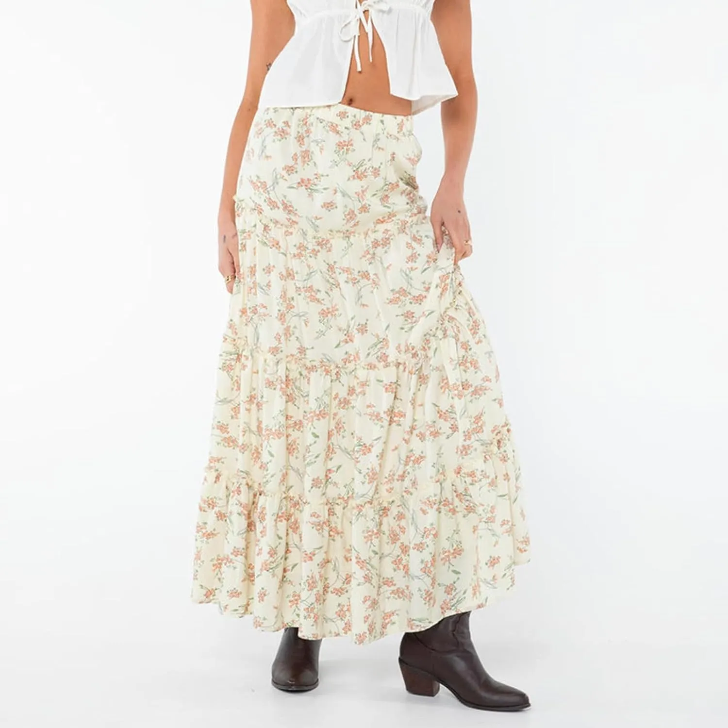 Aopwsrlyi Women's Summer Elastic Waist Boho Maxi Skirt Casual A Line Long Flowy Skirts Ruffle Frill Tiered Long Beach Skirts
