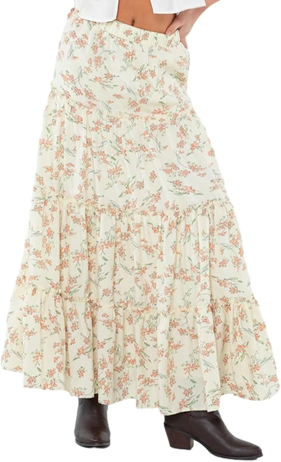 Aopwsrlyi Women's Summer Elastic Waist Boho Maxi Skirt Casual A Line Long Flowy Skirts Ruffle Frill Tiered Long Beach Skirts