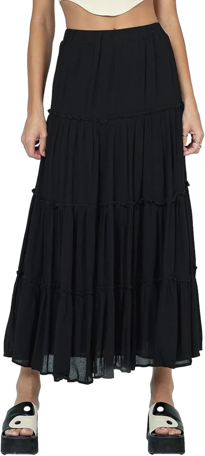 Aopwsrlyi Women's Summer Elastic Waist Boho Maxi Skirt Casual A Line Long Flowy Skirts Ruffle Frill Tiered Long Beach Skirts