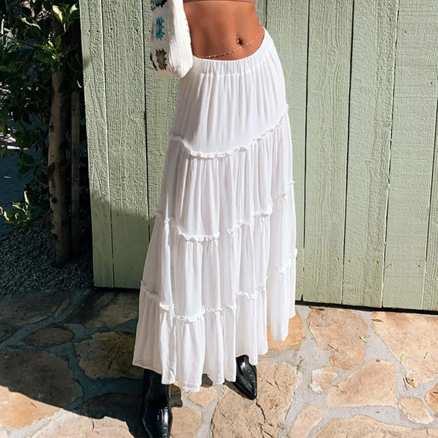 Aopwsrlyi Women's Summer Elastic Waist Boho Maxi Skirt Casual A Line Long Flowy Skirts Ruffle Frill Tiered Long Beach Skirts