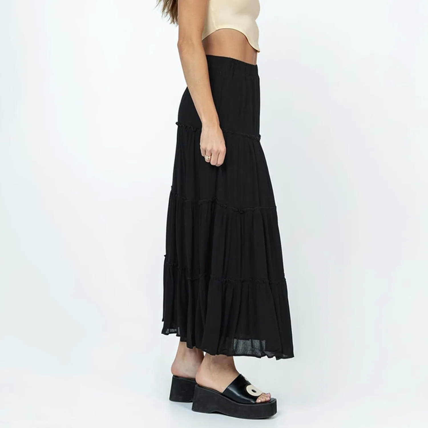 Aopwsrlyi Women's Summer Elastic Waist Boho Maxi Skirt Casual A Line Long Flowy Skirts Ruffle Frill Tiered Long Beach Skirts