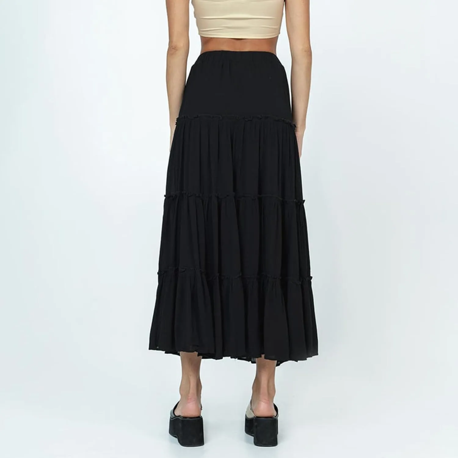 Aopwsrlyi Women's Summer Elastic Waist Boho Maxi Skirt Casual A Line Long Flowy Skirts Ruffle Frill Tiered Long Beach Skirts