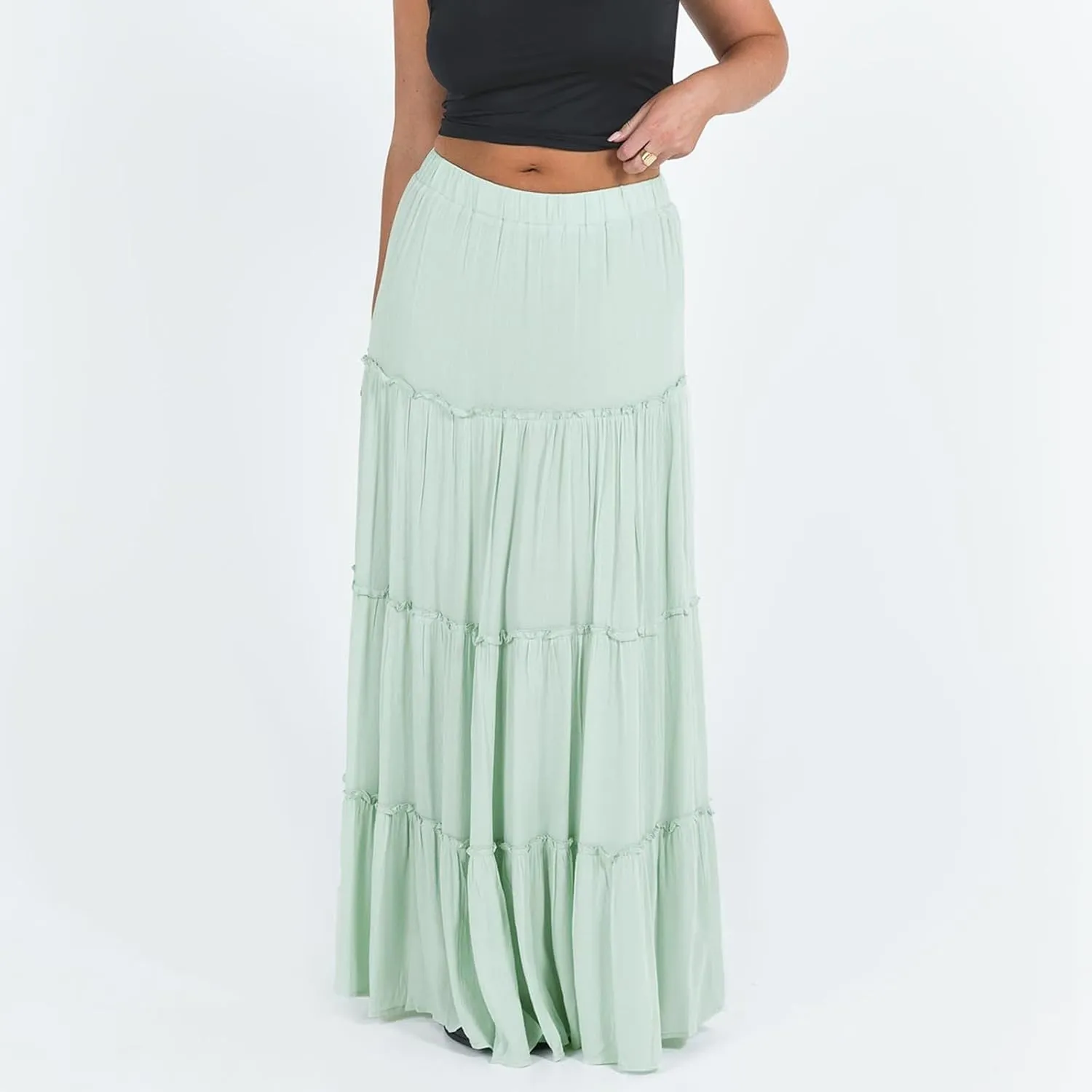 Aopwsrlyi Women's Summer Elastic Waist Boho Maxi Skirt Casual A Line Long Flowy Skirts Ruffle Frill Tiered Long Beach Skirts
