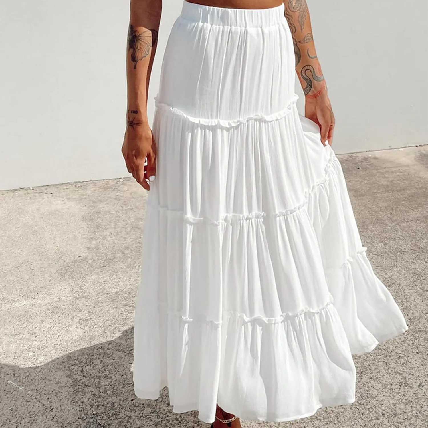 Aopwsrlyi Women's Summer Elastic Waist Boho Maxi Skirt Casual A Line Long Flowy Skirts Ruffle Frill Tiered Long Beach Skirts