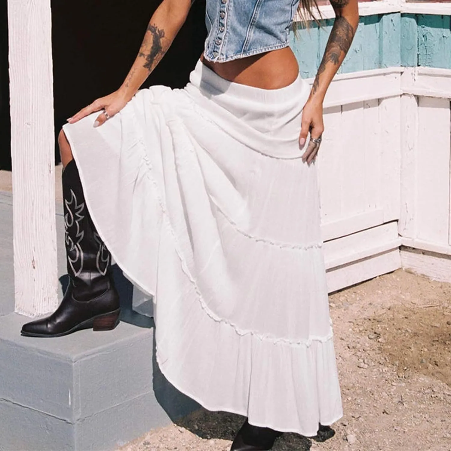 Aopwsrlyi Women's Summer Elastic Waist Boho Maxi Skirt Casual A Line Long Flowy Skirts Ruffle Frill Tiered Long Beach Skirts