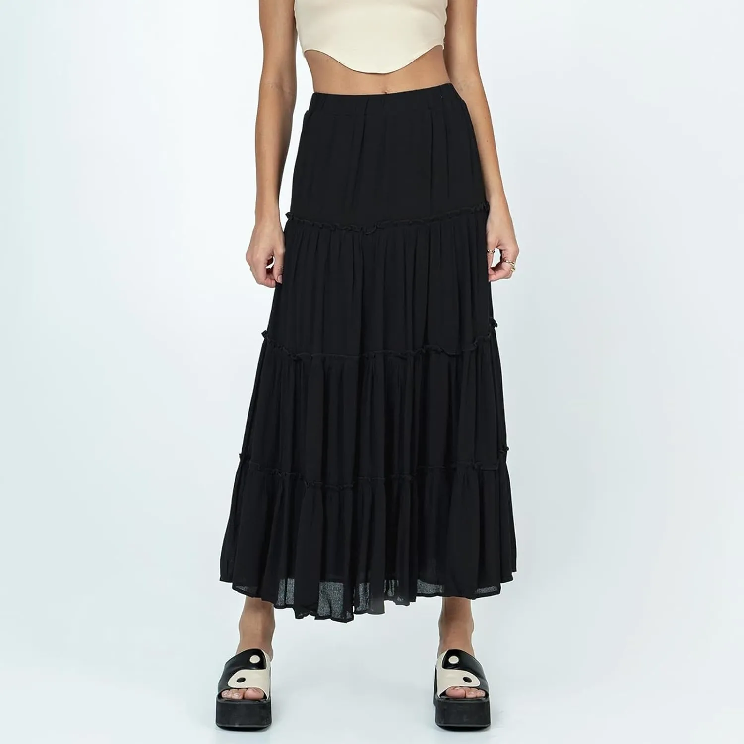 Aopwsrlyi Women's Summer Elastic Waist Boho Maxi Skirt Casual A Line Long Flowy Skirts Ruffle Frill Tiered Long Beach Skirts