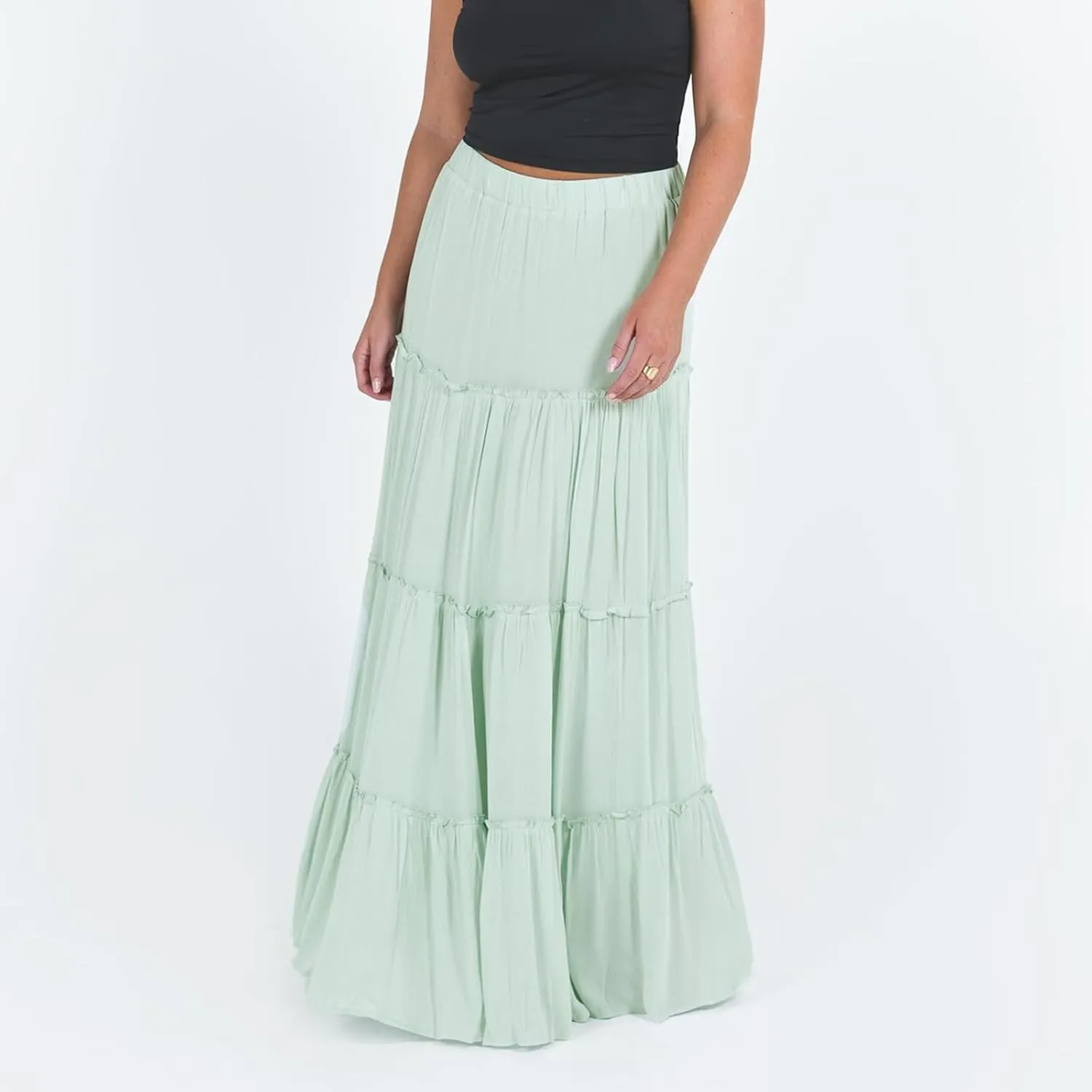 Aopwsrlyi Women's Summer Elastic Waist Boho Maxi Skirt Casual A Line Long Flowy Skirts Ruffle Frill Tiered Long Beach Skirts