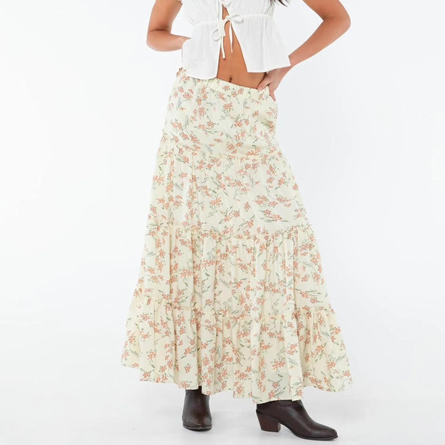 Aopwsrlyi Women's Summer Elastic Waist Boho Maxi Skirt Casual A Line Long Flowy Skirts Ruffle Frill Tiered Long Beach Skirts