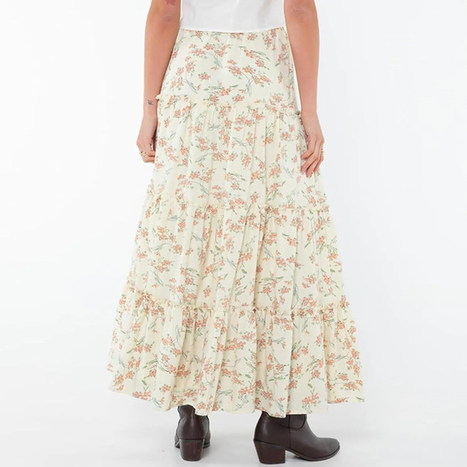 Aopwsrlyi Women's Summer Elastic Waist Boho Maxi Skirt Casual A Line Long Flowy Skirts Ruffle Frill Tiered Long Beach Skirts