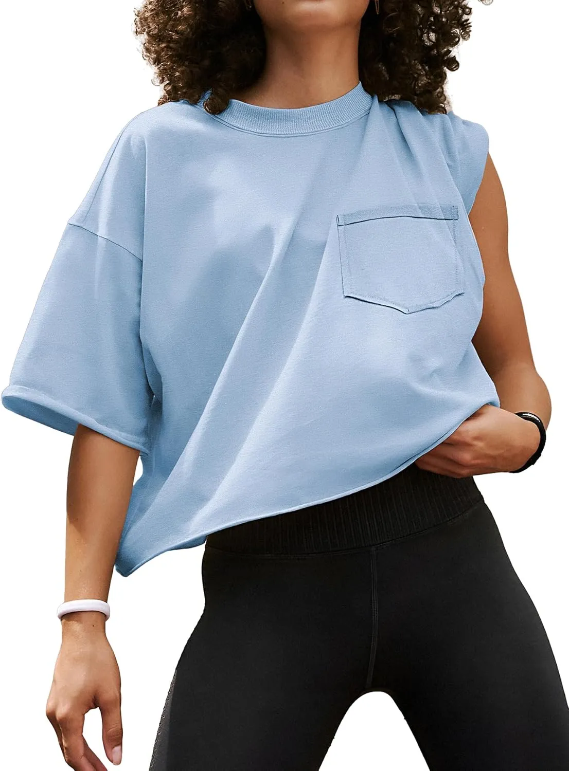 ATHMILE Womens Oversized T-Shirts Short Sleeve Workout Crop Tops Casual Drop Shoulder Boxy Roll Hem Basic Loose Tees