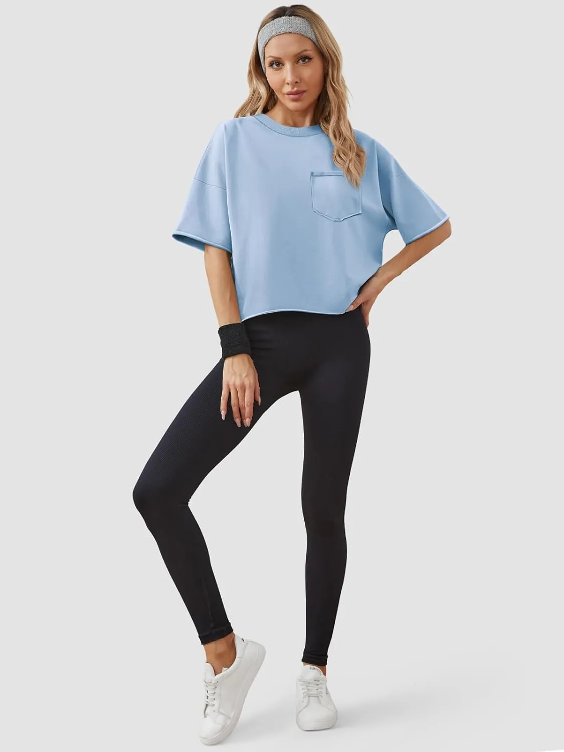 ATHMILE Womens Oversized T-Shirts Short Sleeve Workout Crop Tops Casual Drop Shoulder Boxy Roll Hem Basic Loose Tees