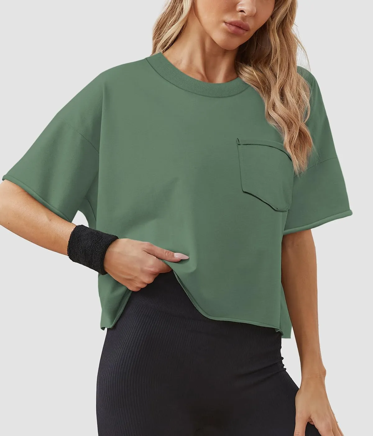 ATHMILE Womens Oversized T-Shirts Short Sleeve Workout Crop Tops Casual Drop Shoulder Boxy Roll Hem Basic Loose Tees