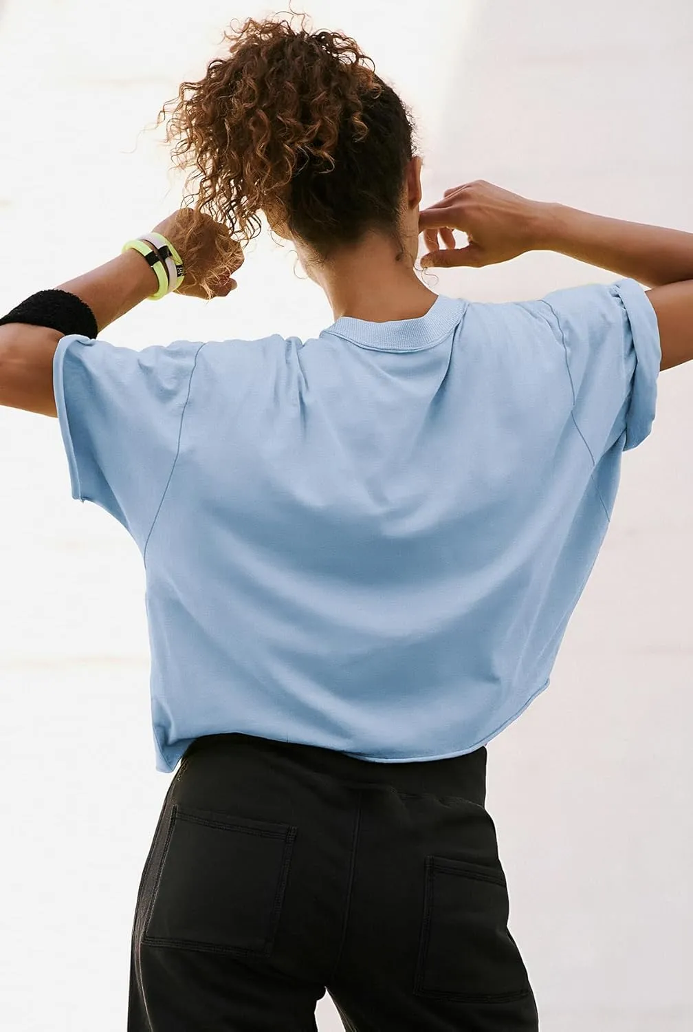 ATHMILE Womens Oversized T-Shirts Short Sleeve Workout Crop Tops Casual Drop Shoulder Boxy Roll Hem Basic Loose Tees