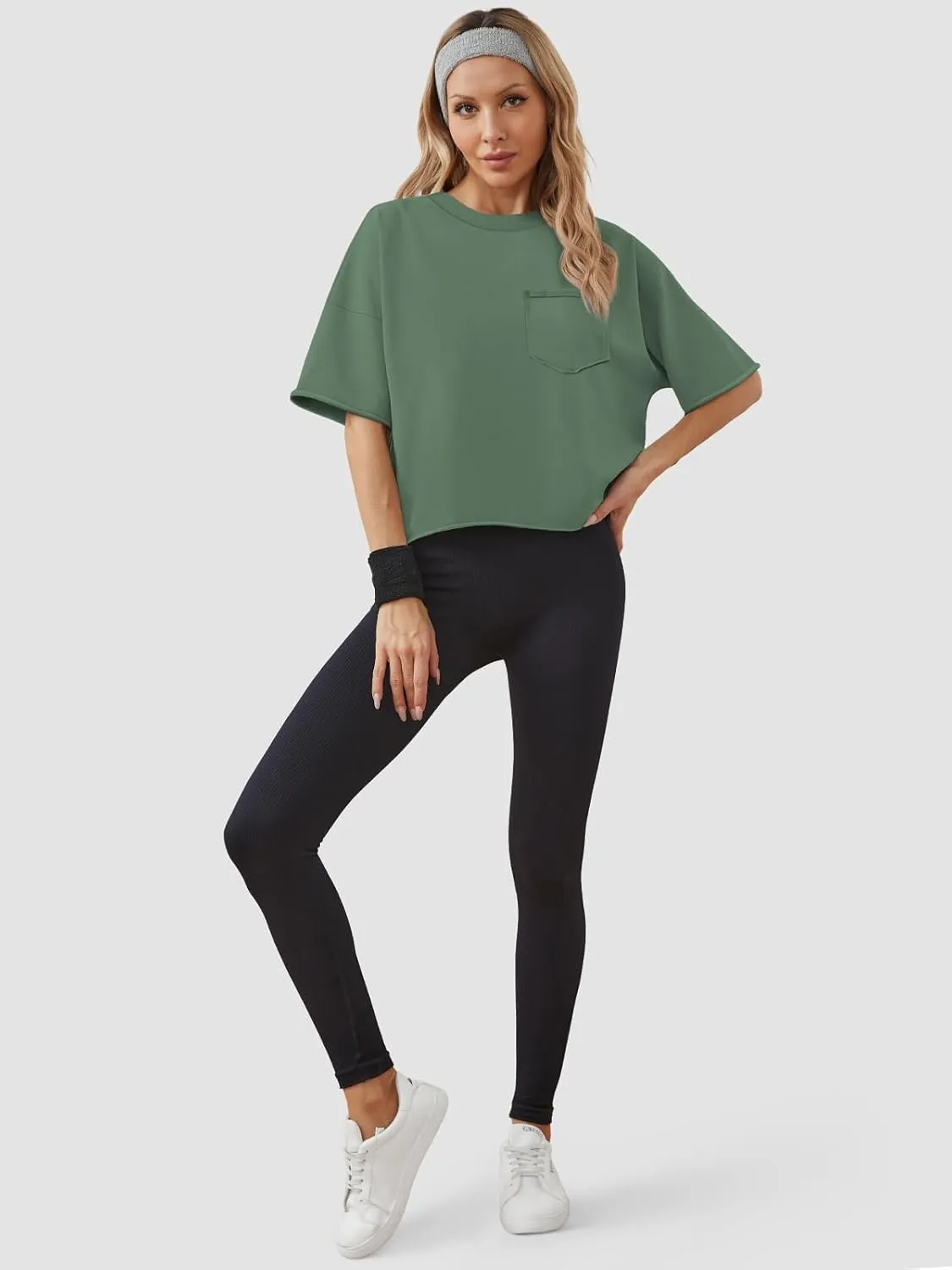 ATHMILE Womens Oversized T-Shirts Short Sleeve Workout Crop Tops Casual Drop Shoulder Boxy Roll Hem Basic Loose Tees