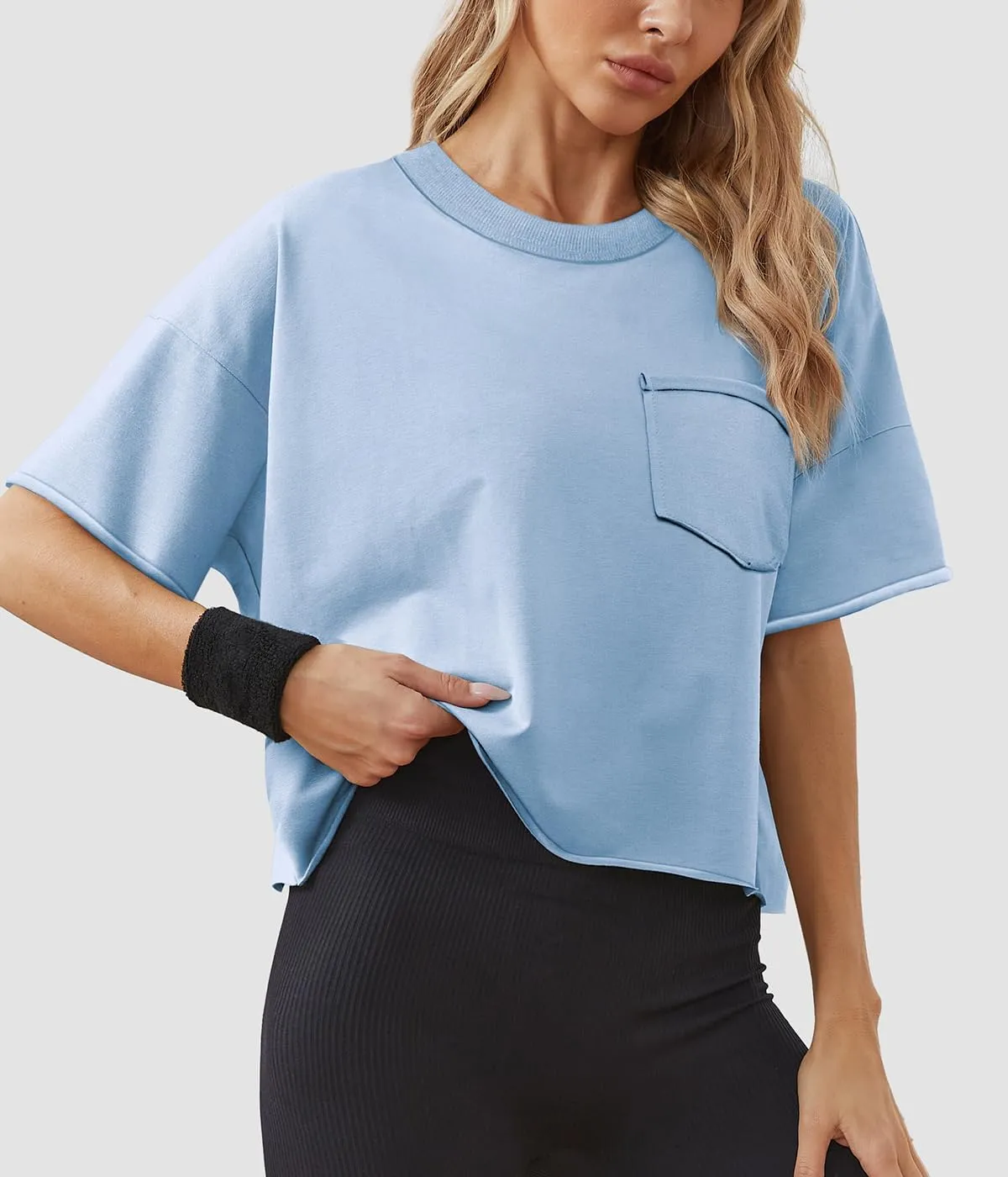 ATHMILE Womens Oversized T-Shirts Short Sleeve Workout Crop Tops Casual Drop Shoulder Boxy Roll Hem Basic Loose Tees