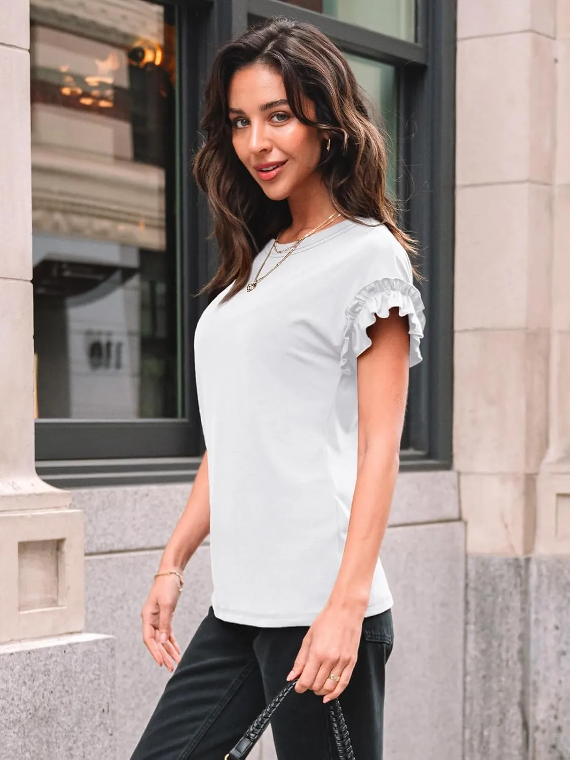 AUTOMET Womens Short Sleeve Tops Summer Tshirts Casual 2025 Cute Ruffle Crewneck Trendy Fashion Dressy Cute Work Outfits