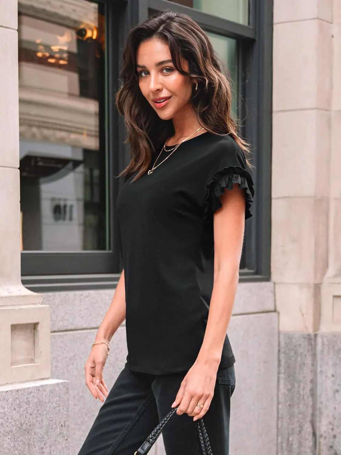 AUTOMET Womens Short Sleeve Tops Summer Tshirts Casual 2025 Cute Ruffle Crewneck Trendy Fashion Dressy Cute Work Outfits