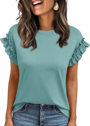AUTOMET Womens Short Sleeve Tops Summer Tshirts Casual 2025 Cute Ruffle Crewneck Trendy Fashion Dressy Cute Work Outfits