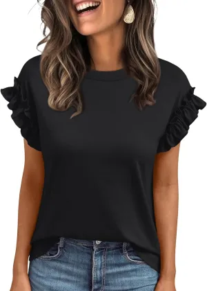 AUTOMET Womens Short Sleeve Tops Summer Tshirts Casual 2025 Cute Ruffle Crewneck Trendy Fashion Dressy Cute Work Outfits