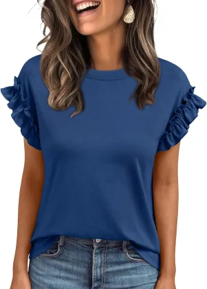 AUTOMET Womens Short Sleeve Tops Summer Tshirts Casual 2025 Cute Ruffle Crewneck Trendy Fashion Dressy Cute Work Outfits