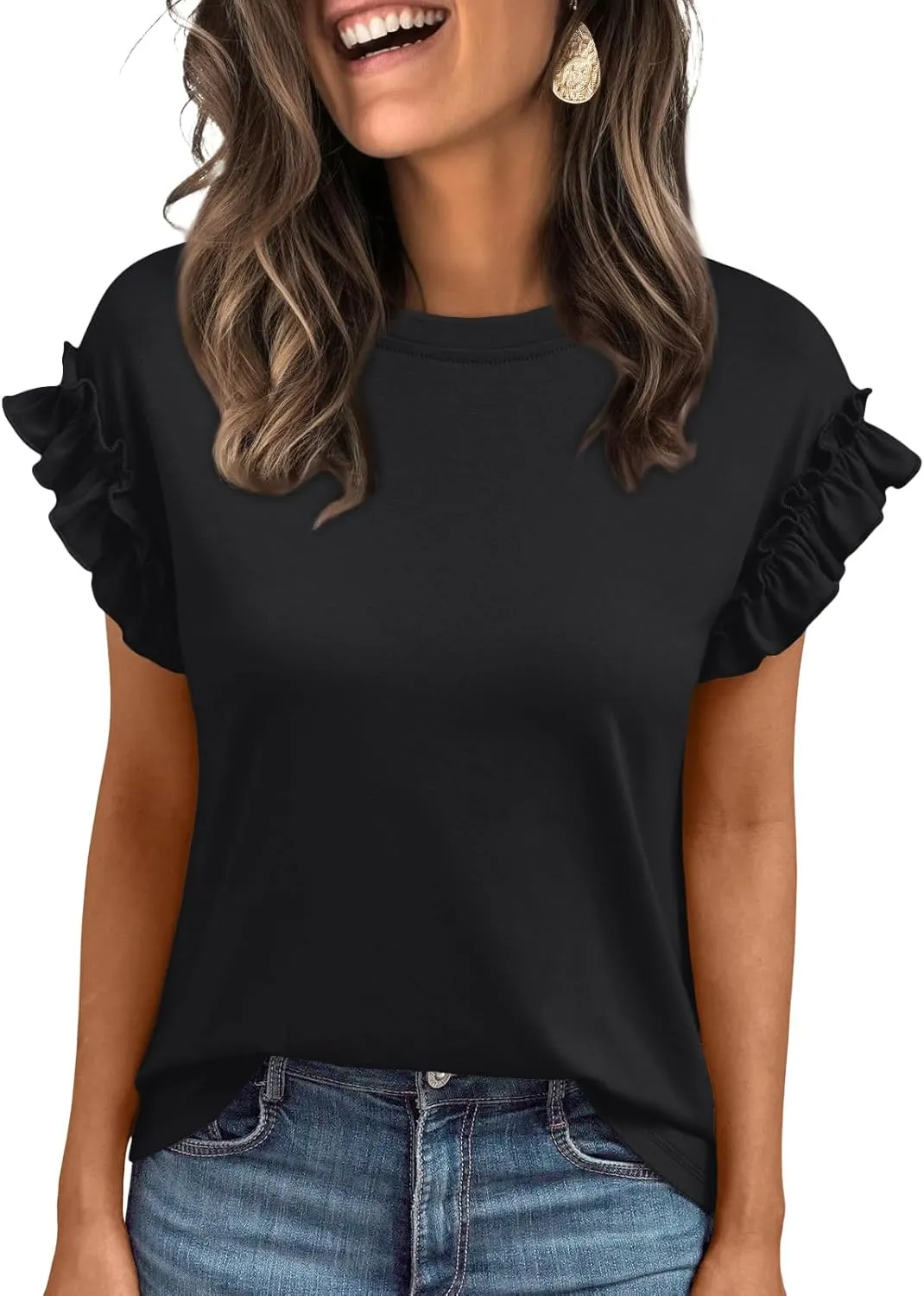AUTOMET Womens Short Sleeve Tops Summer Tshirts Casual 2025 Cute Ruffle Crewneck Trendy Fashion Dressy Cute Work Outfits