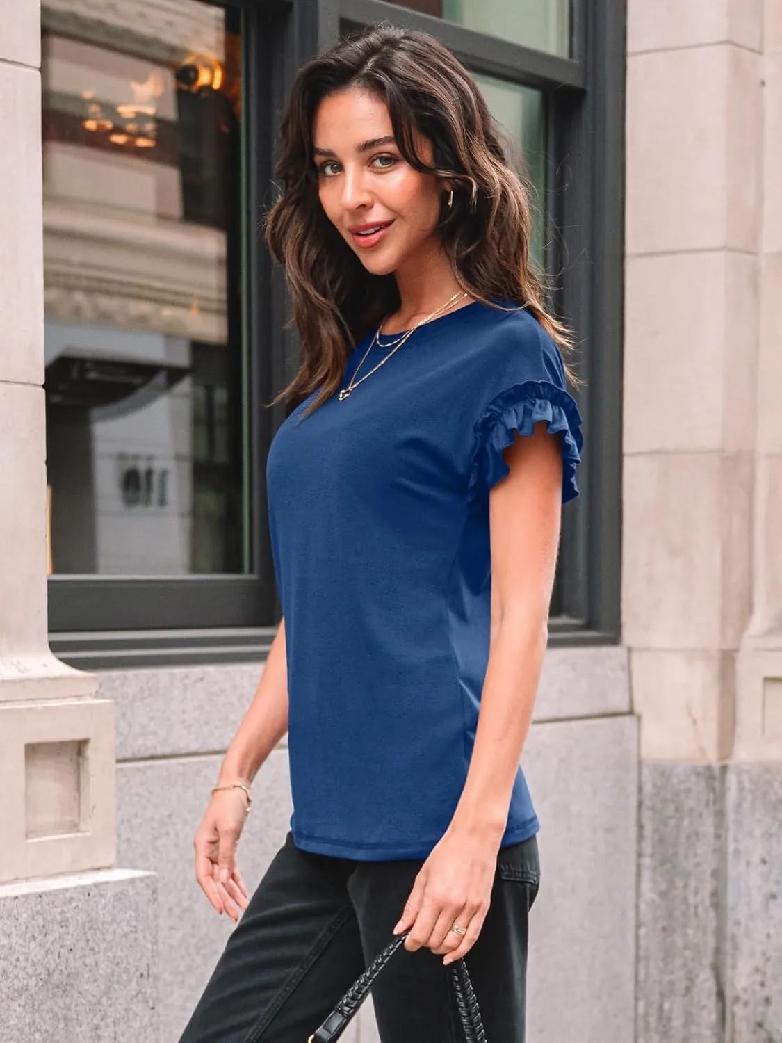 AUTOMET Womens Short Sleeve Tops Summer Tshirts Casual 2025 Cute Ruffle Crewneck Trendy Fashion Dressy Cute Work Outfits