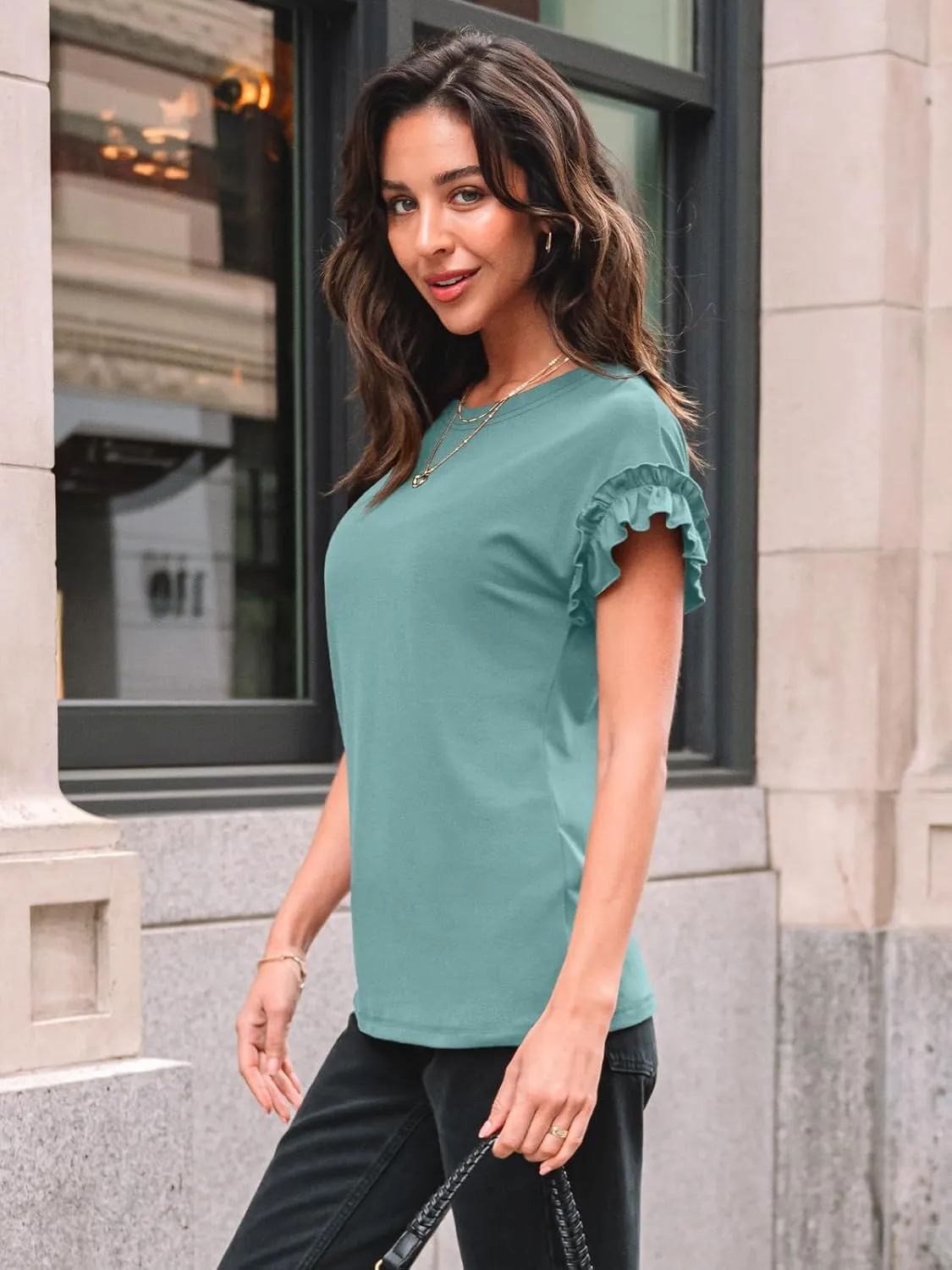 AUTOMET Womens Short Sleeve Tops Summer Tshirts Casual 2025 Cute Ruffle Crewneck Trendy Fashion Dressy Cute Work Outfits