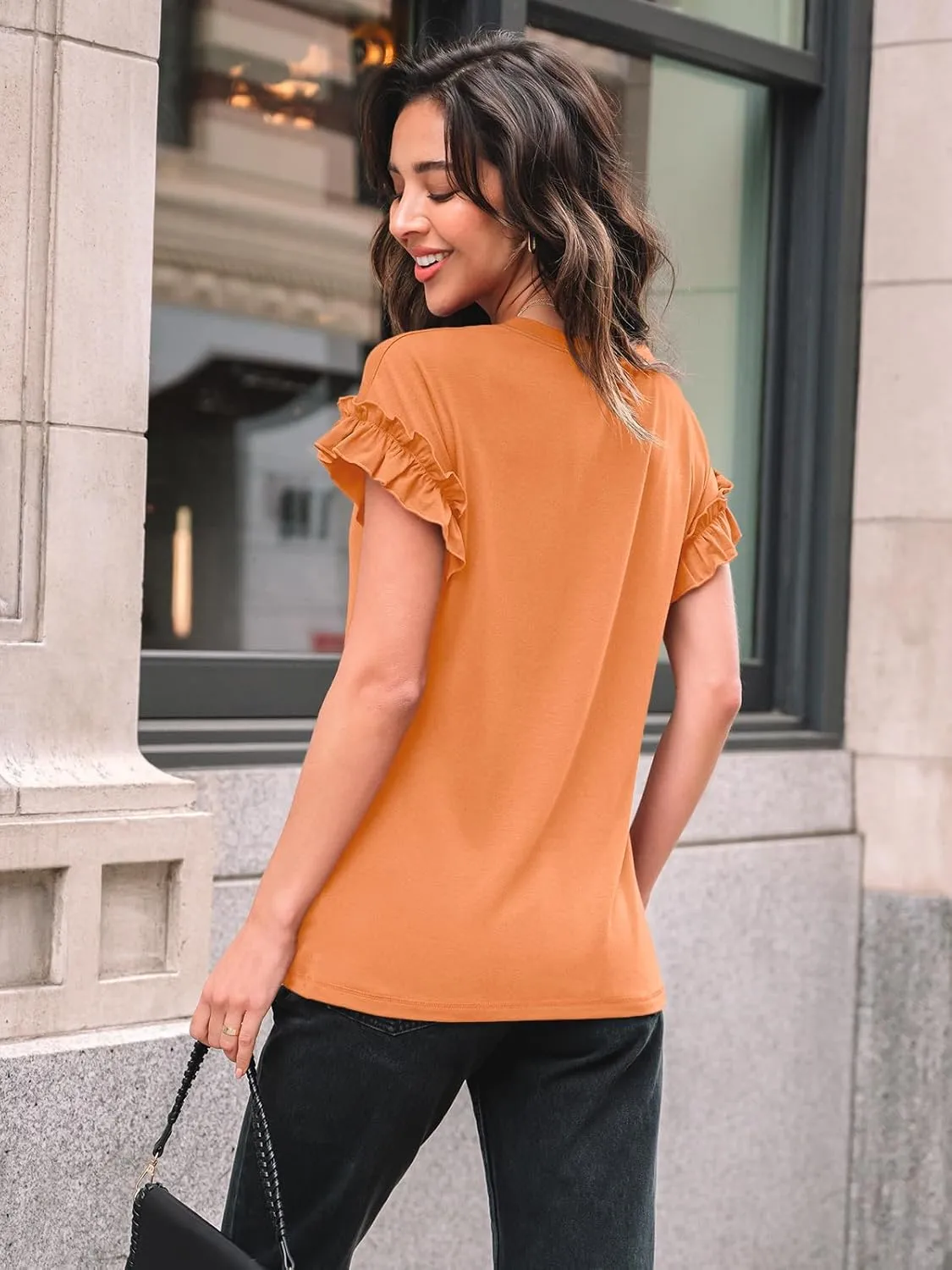 AUTOMET Womens Short Sleeve Tops Summer Tshirts Casual 2025 Cute Ruffle Crewneck Trendy Fashion Dressy Cute Work Outfits