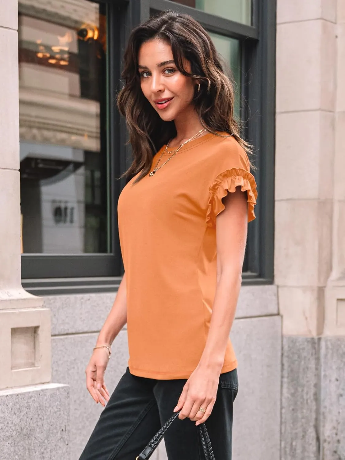 AUTOMET Womens Short Sleeve Tops Summer Tshirts Casual 2025 Cute Ruffle Crewneck Trendy Fashion Dressy Cute Work Outfits