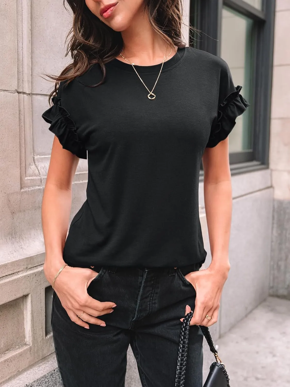 AUTOMET Womens Short Sleeve Tops Summer Tshirts Casual 2025 Cute Ruffle Crewneck Trendy Fashion Dressy Cute Work Outfits