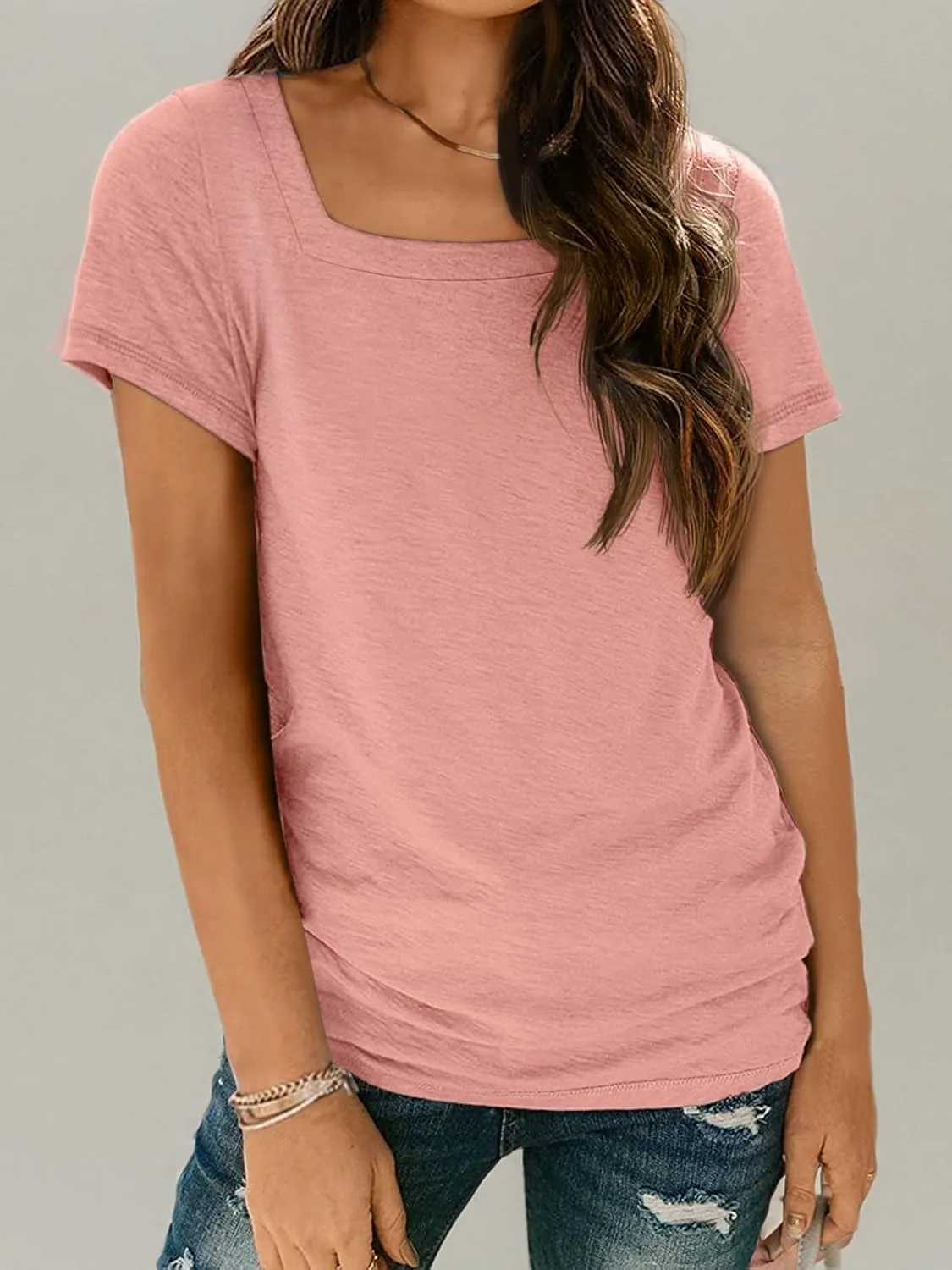 AUTOMET Womens Tops Casual Spring Summer Tshirts 2025 Short Sleeve Square Neck Basic Tee Outfits