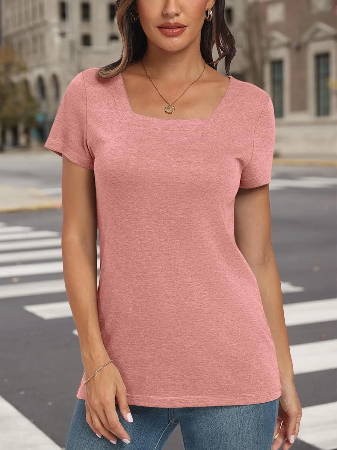 AUTOMET Womens Tops Casual Spring Summer Tshirts 2025 Short Sleeve Square Neck Basic Tee Outfits