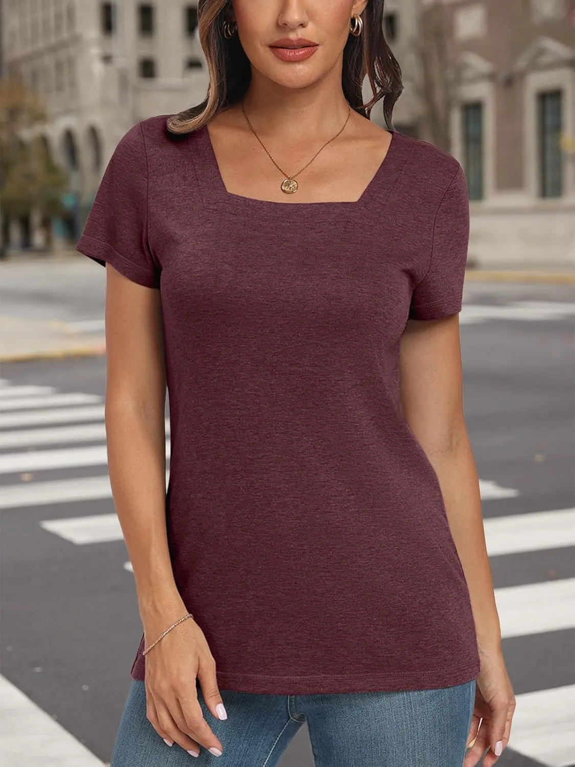 AUTOMET Womens Tops Casual Spring Summer Tshirts 2025 Short Sleeve Square Neck Basic Tee Outfits