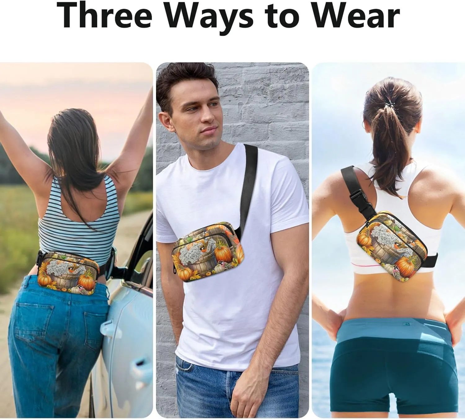 Autumn Birds Pumpkin Harvest Fanny Pack for Women Waterproof Belt Bag Hip Pack Flower Waist Pack for Women