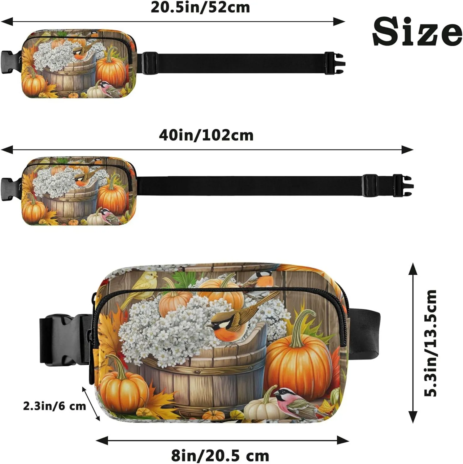 Autumn Birds Pumpkin Harvest Fanny Pack for Women Waterproof Belt Bag Hip Pack Flower Waist Pack for Women